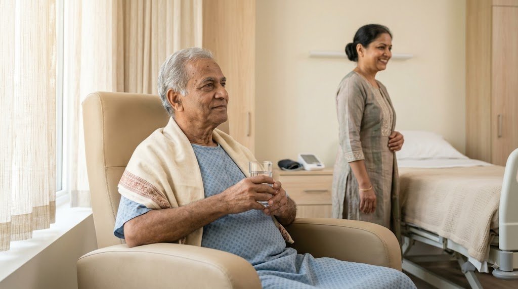 An elderly Indian man in a hospital gown and soft shawl sits in a sunlit armchair holding a glass of water.